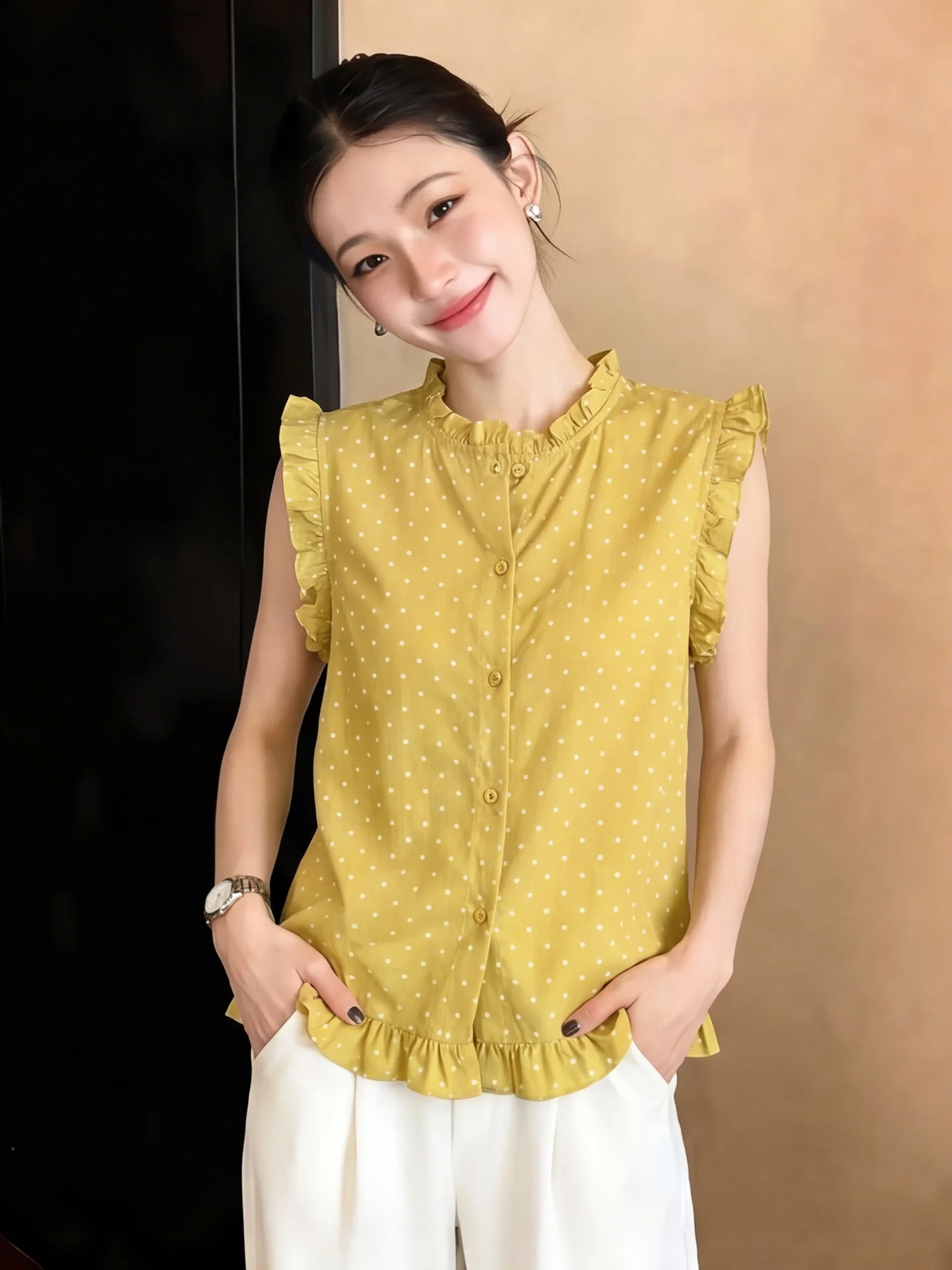 

Polka Dot Wooden Splice Pleated Flying Sleeve Shirt Women Summer Age Reduction School Style Sleeveless Vest Doll Shirt Top