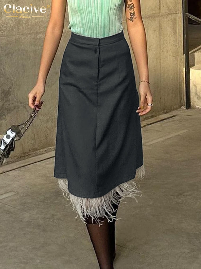 

Clacive Fashion Slim Gray Office Women's Skirt 2024 Elegant High Waist Midi Skirts Casaul Feathers Spliced Skirt Female Clothing