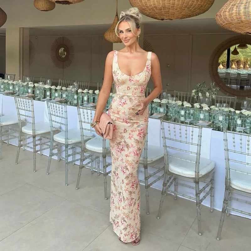 

Women'S Spring New Sexy Low Cut U-Shaped Collar Flower Print Slit Suspender Dress