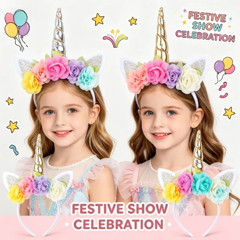 Unicorn Silver Flower Headband Kids Birthday Party Hair Hoop Girls Halloween Cosplay Floral Hair Accessories Cute Party Headwear