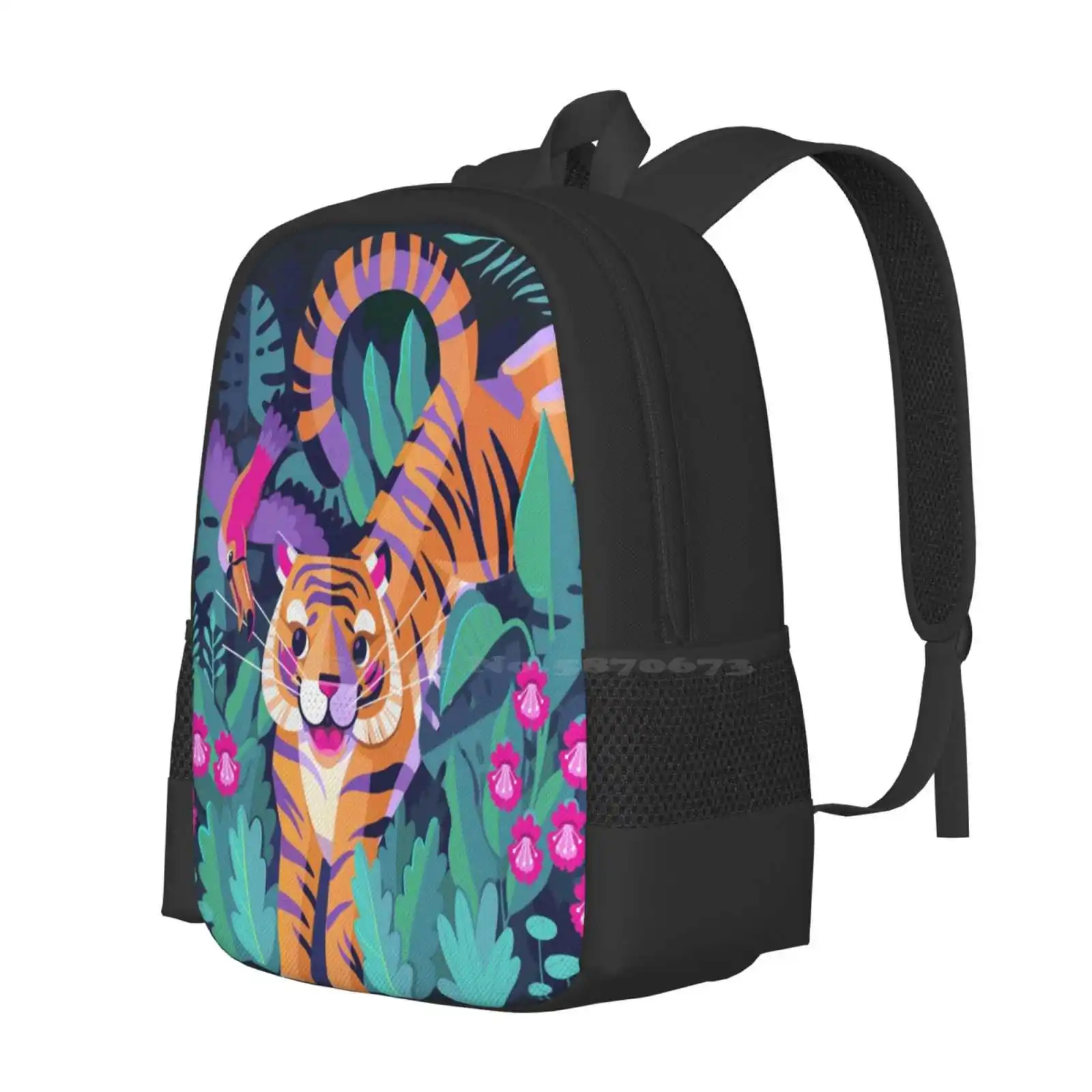 Jumping Tiger-Flying Toucan School Bag Big Capacity Backpack Laptop Toucan Tiger Jungle Childrens Illustration 80S