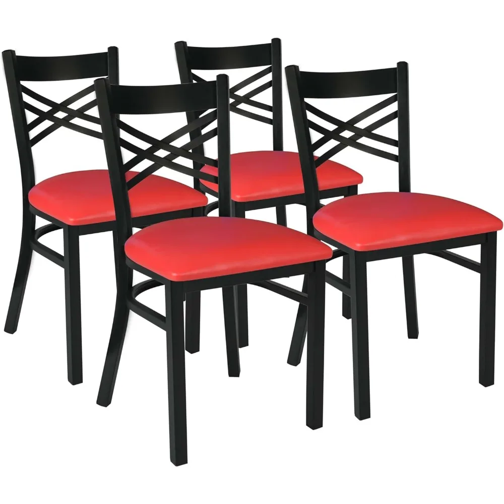 Silla de restaurante comercial, silla con respaldo cruzado de metal negro, asiento de vinilo negro