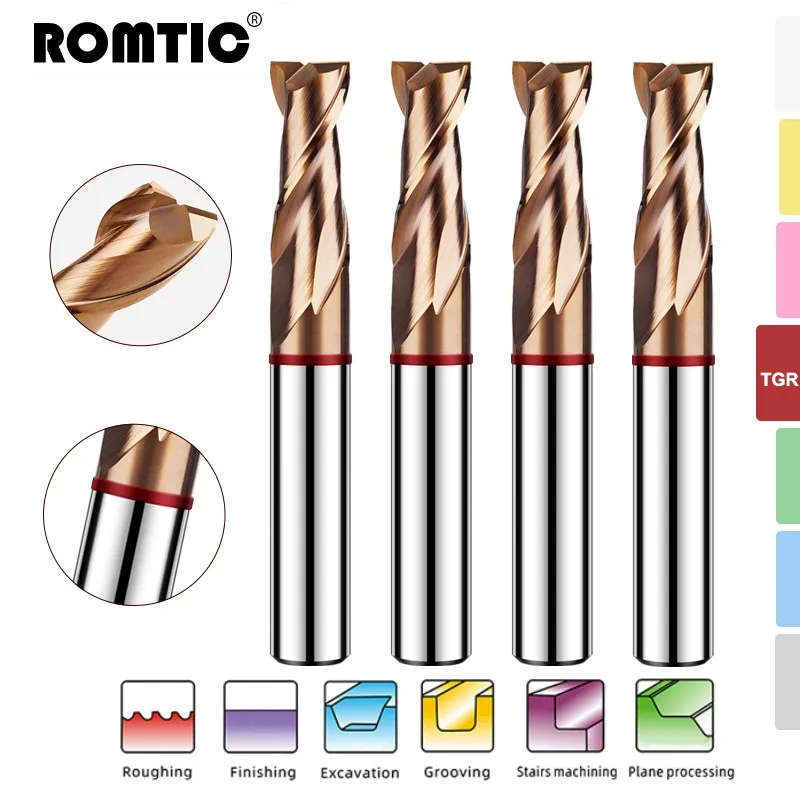 Вольфрамовый стальной Карбид ROMTIC TGR-HRC55 для стального фрезерного резака 2F с цветным кольцевым покрытием CNC механические фрезы с плоским дном инструменты