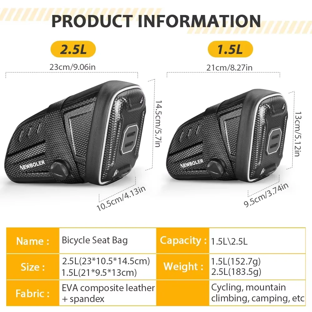 NEWBOLER Bicycle Saddle Bag Waterproof EVA Hard Shell Road Bicycle Tail Bag Reflective Striped Bike Rear Bag Bike Accessories