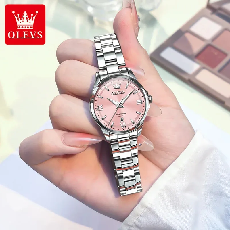 OLEVS 3668 ساعة نسائية فاخرة أصلية مقاوم للماء ساعة كوارتز من الفولاذ المقاوم للصدأ تاريخ تلقائي روماني ساعة نسائية Reloj Para Mujer