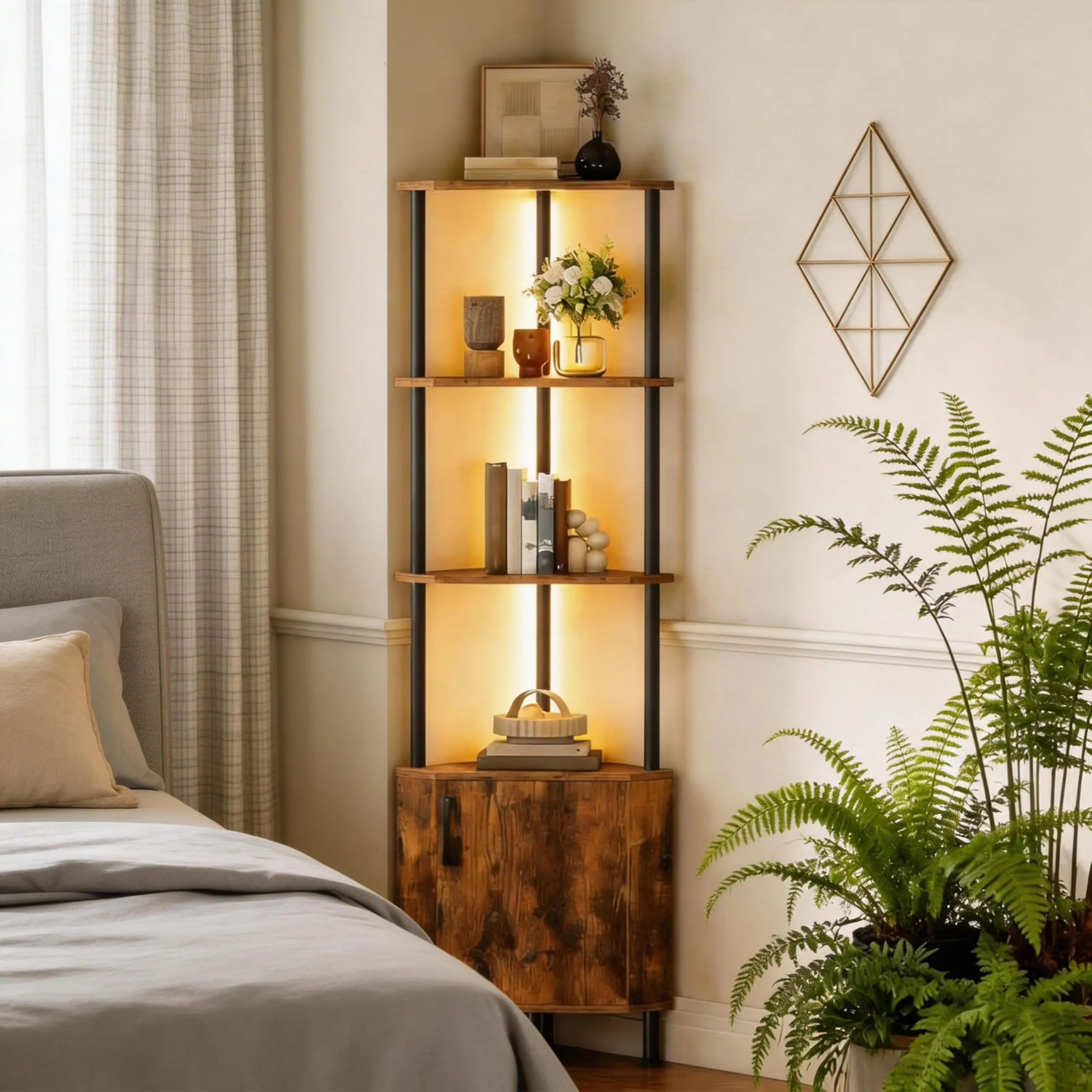 Estantería Esquinera Ahorradora de Espacio con Luces LED Integradas, Estante de Almacenamiento Decorativo Moderno, Ideal para Sala de Estar, Dormitorio, Baño