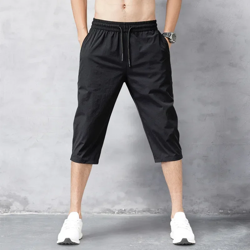 Men\'s Shorts Summer Breeches 2024 Thin Nylon 3/4 Length Trousers Male Bermuda Board Quick Drying Beach Black Men\'s Long Shorts