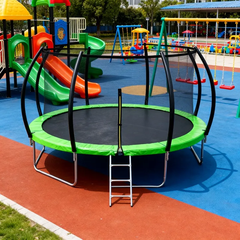 Trampoline with seat belt system for an adventurous jumping experience in a park or resort