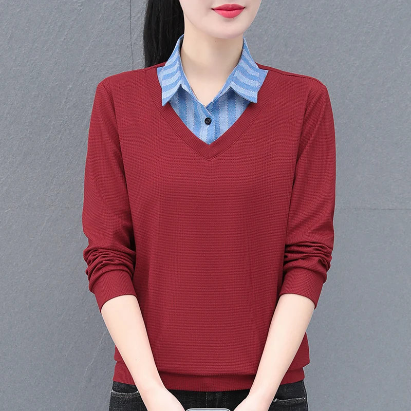 Fake Two-Piece Shirt Collar Splicing Long Sleeved Loose Top New Women\'S Spring And Autumn Casual Fashion Versatile T-Shirt Lady