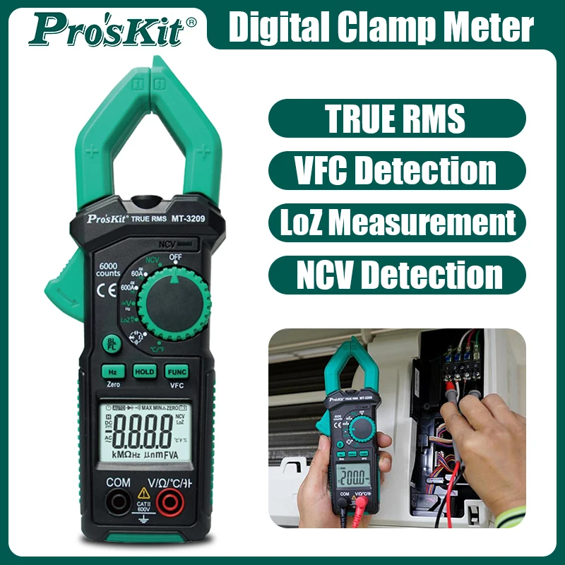 Pro'skit MT-3209 AC DC Current Digital Clamp Meter True RMS Pliers Ammeter Voltage Tester Frequency VFC Capacitance Meter