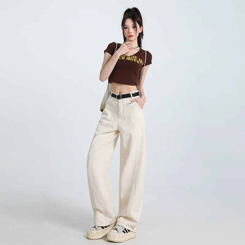 High Waist Wide Leg White Denim Jeans Women's American Retro Style Loose Drapey Floor-Length Pants Straight Cut Casual