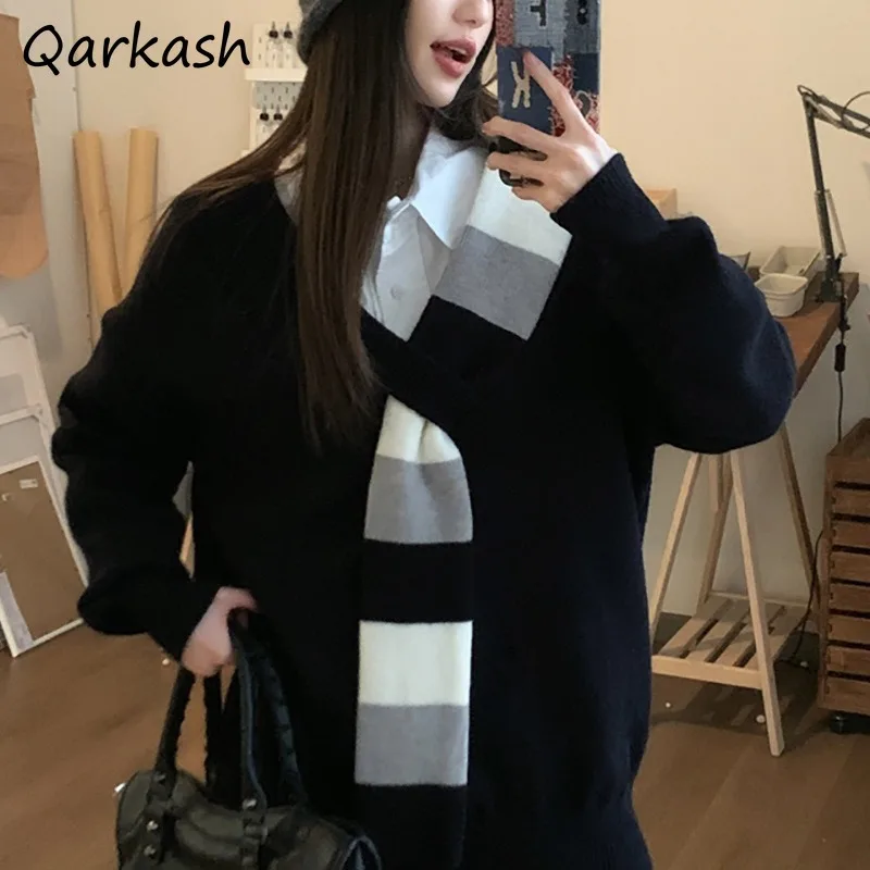 سترات نسائية بأكمام طويلة مكونة من قطعتين ورقبة على شكل حرف v مخططة للخريف والشتاء تصميم وشاح مزخرف بلوفرات سميكة من Ulzzang