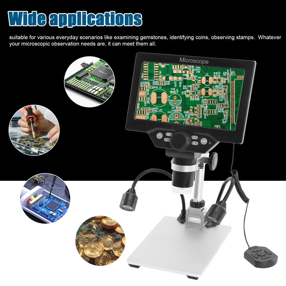 B1200 Digital Microscope LCD Display 7 Inch Large Color Screen 12MP 1-1200X Continuous Amplification Magnifier with Metal Stand