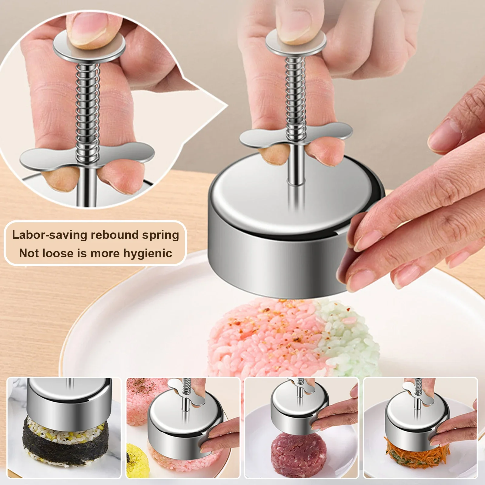 2Pcs Onigiri Mold Rustproof Stainless Steel Rice Ball Mold Nonstick Heart and Round Sushi Mold Multipurpose Musubi Maker Press