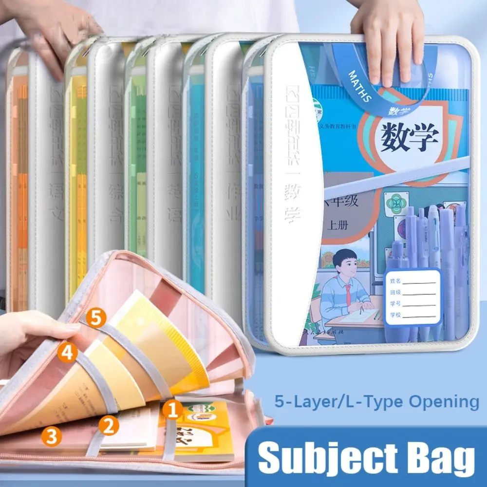 5-Layer Mesh Zipper Pouch Subject Classification L-Type Opening Transparent File Folder Large Capacity Portable Handle