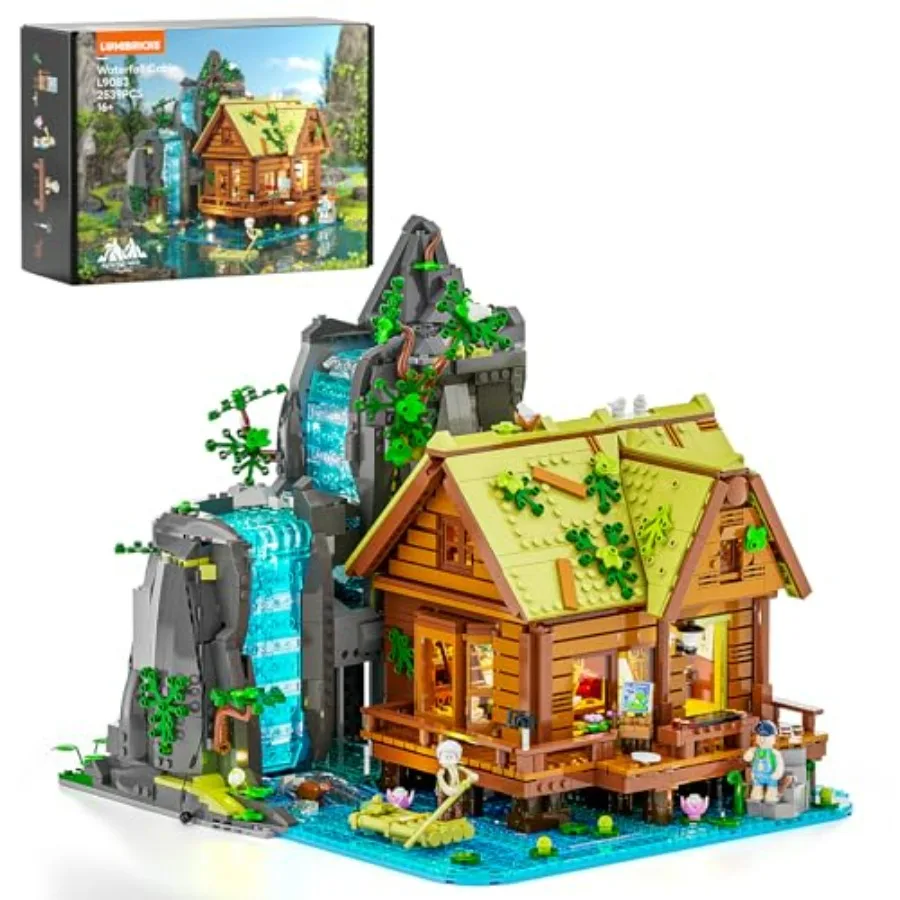

Retro Waterfall House Building Set with LED Lights 2539 Pcs Brick Construction Kit for Adults Architectural Model Brown and Bei