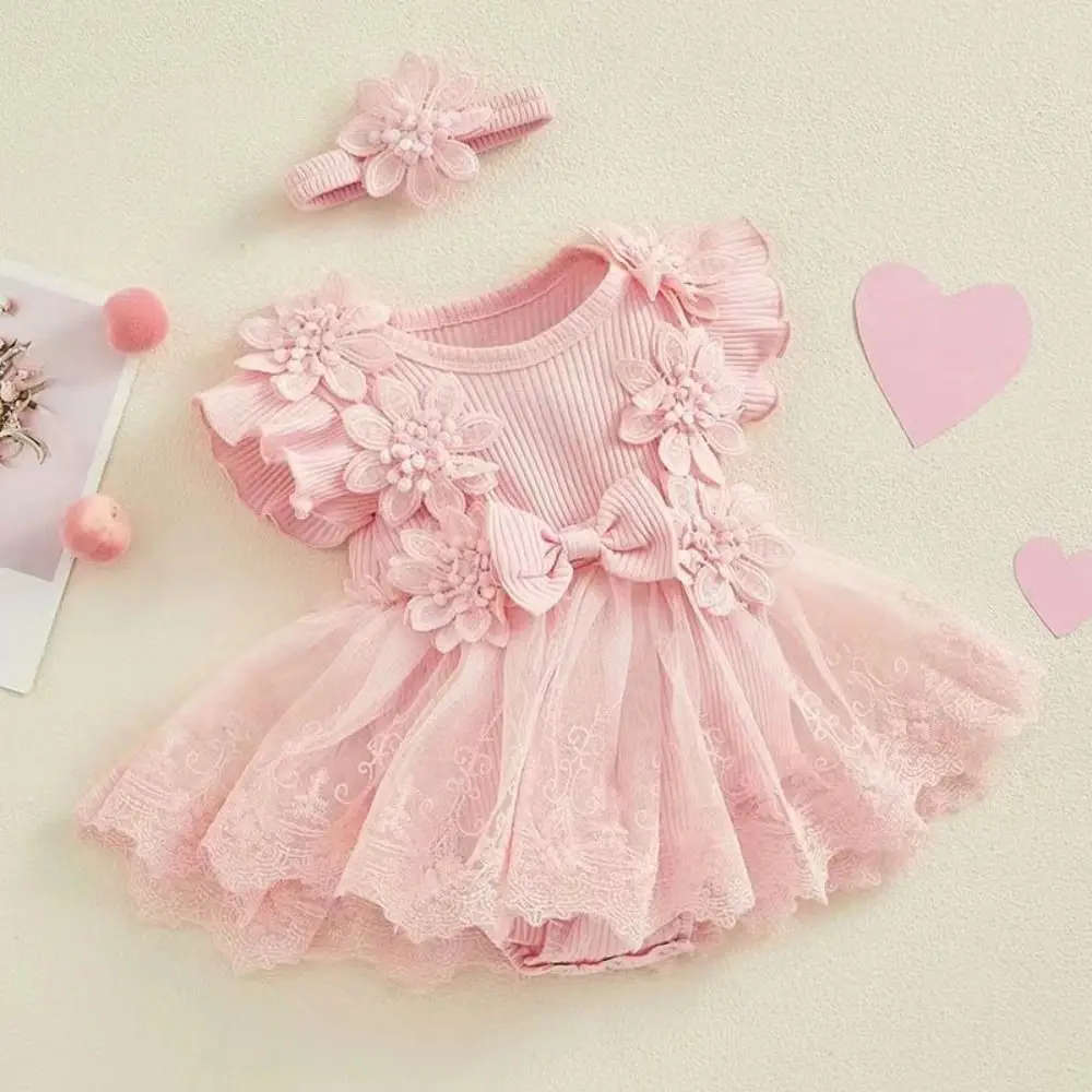 

Elegant Cotton Baby Girl Princess Dress Lace Mesh Short Sleeve Toddle Petti Skirt Sweet Bowknot Infant Dress with Headband Kids