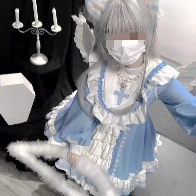 Robe Gothique Lolita OP de Style Harajuku pour Femme, Tenue de Princesse à Volants avec Nministériels d Kwaii, en Patchwork Bleu et Blanc, Mini Tenue de Tea Party Japonaise