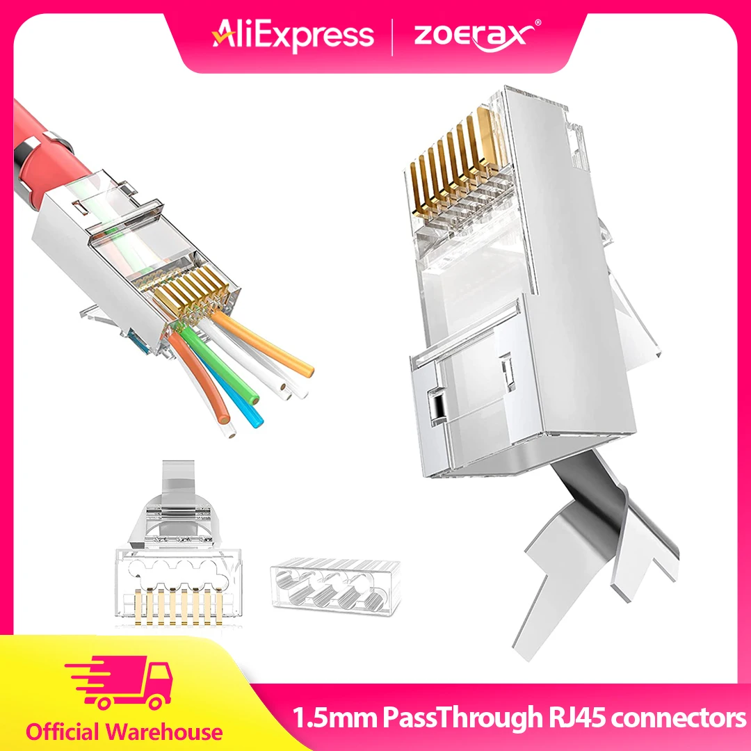 ZoeRax 10/30/50PCS RJ45 Cat7 Cat6A Pass Through connectors 8P8C 50U Gold Plated Shielded STP RJ45 Network Modular Plug