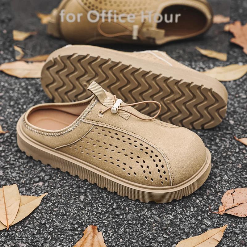 Men's Mules casual shoes four seasons breathable hollow light soft-soled outdoor walking shoes fashion versatile Semi slippers