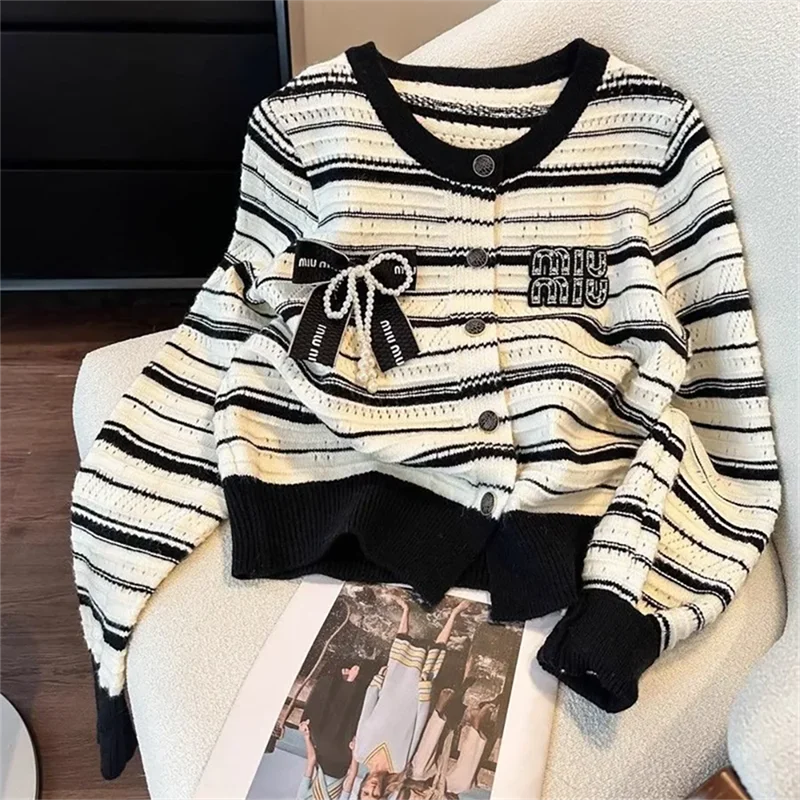 Autumn Winter Short Sweater Women 2024 New Fashion Loose Casual Tops Stripe Knitwear Cardigan Bowknot Button Outerwear Female