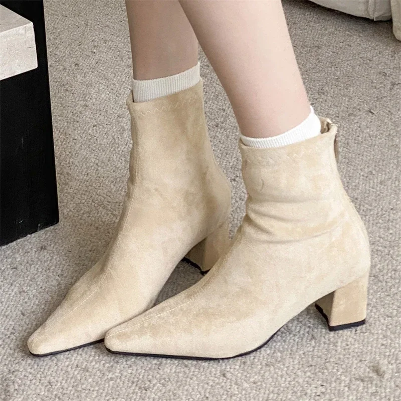 Women Ankle Boots Fashion Pointed Toe Zipper Short Booties Spring Autumn Square Heels Banquet Ladies Shoes