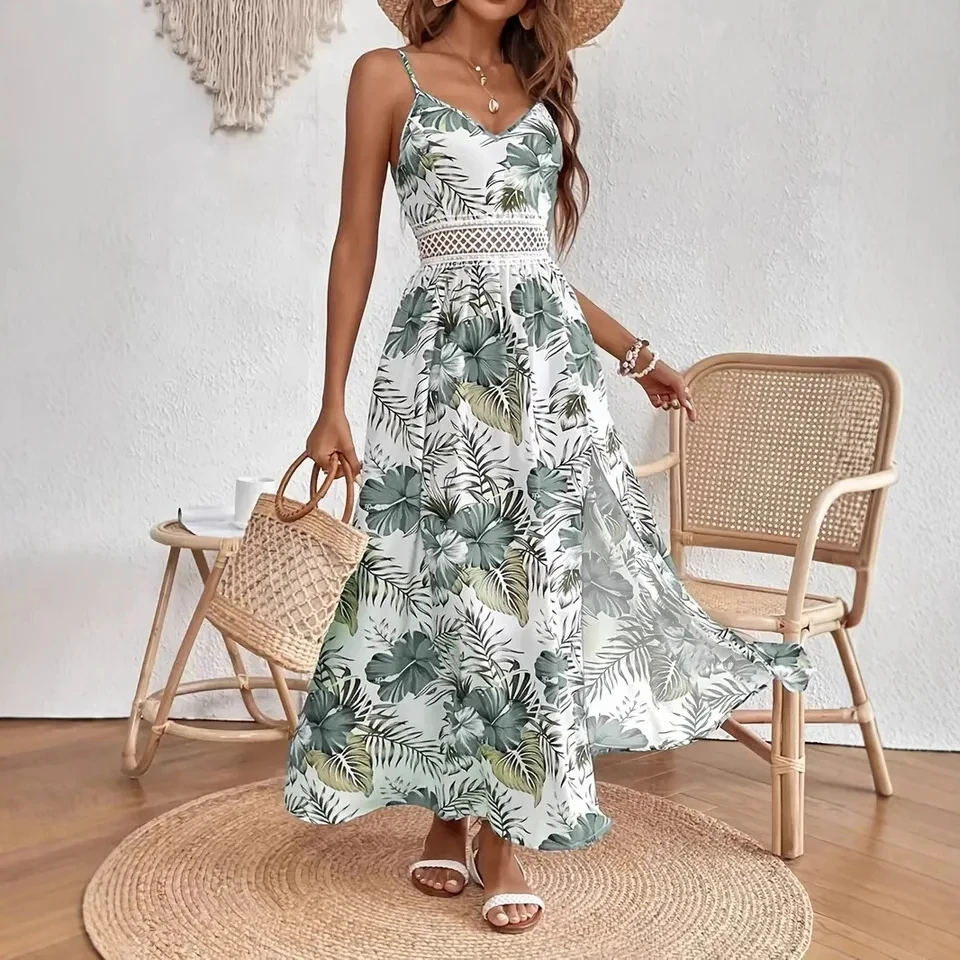 

Robe Femmes V-neck Suspender Bohemian Style Fashion Printed Hem Slit Loose Dress Womens Summer New Beach Resort Style Long Skirt