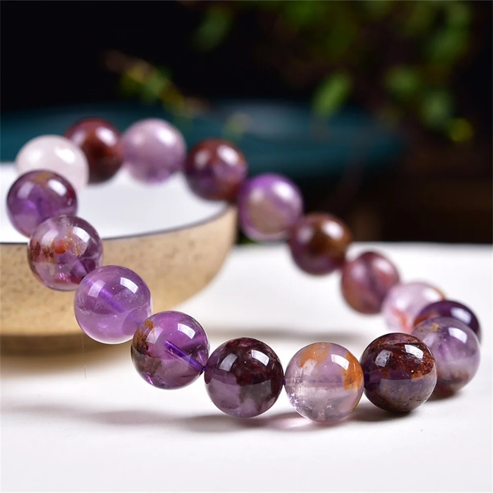 Natural Crystal 8-12mm Amethyst Purple Titanium Ghost Round Beads Bracelet for Women in Charm Bracelets Energy Cured Jewelry