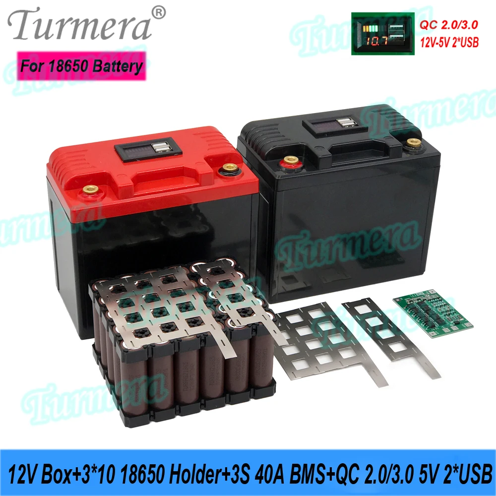 Turmera 12v caixa de bateria da motocicleta 18650 21700 titular 40a equilíbrio bms 5v 2.1a qc3.0 2 * porta usb para ups acampamento power bank uso