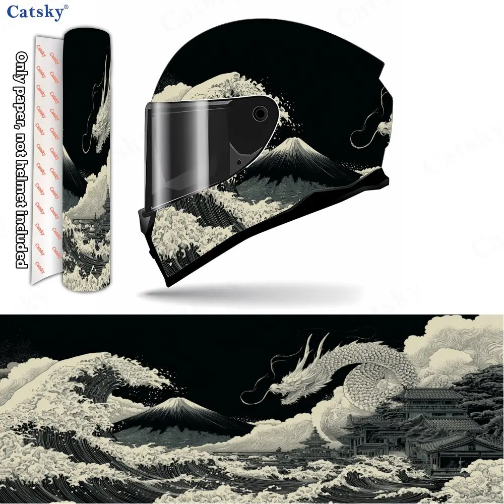 

Ink Ukiyo-e Dragon Scene Helmet Vinyl Wraps, Waterproof Scratch-Resistant Full Face Helmet Decals, Durable PVC Decoration Protec