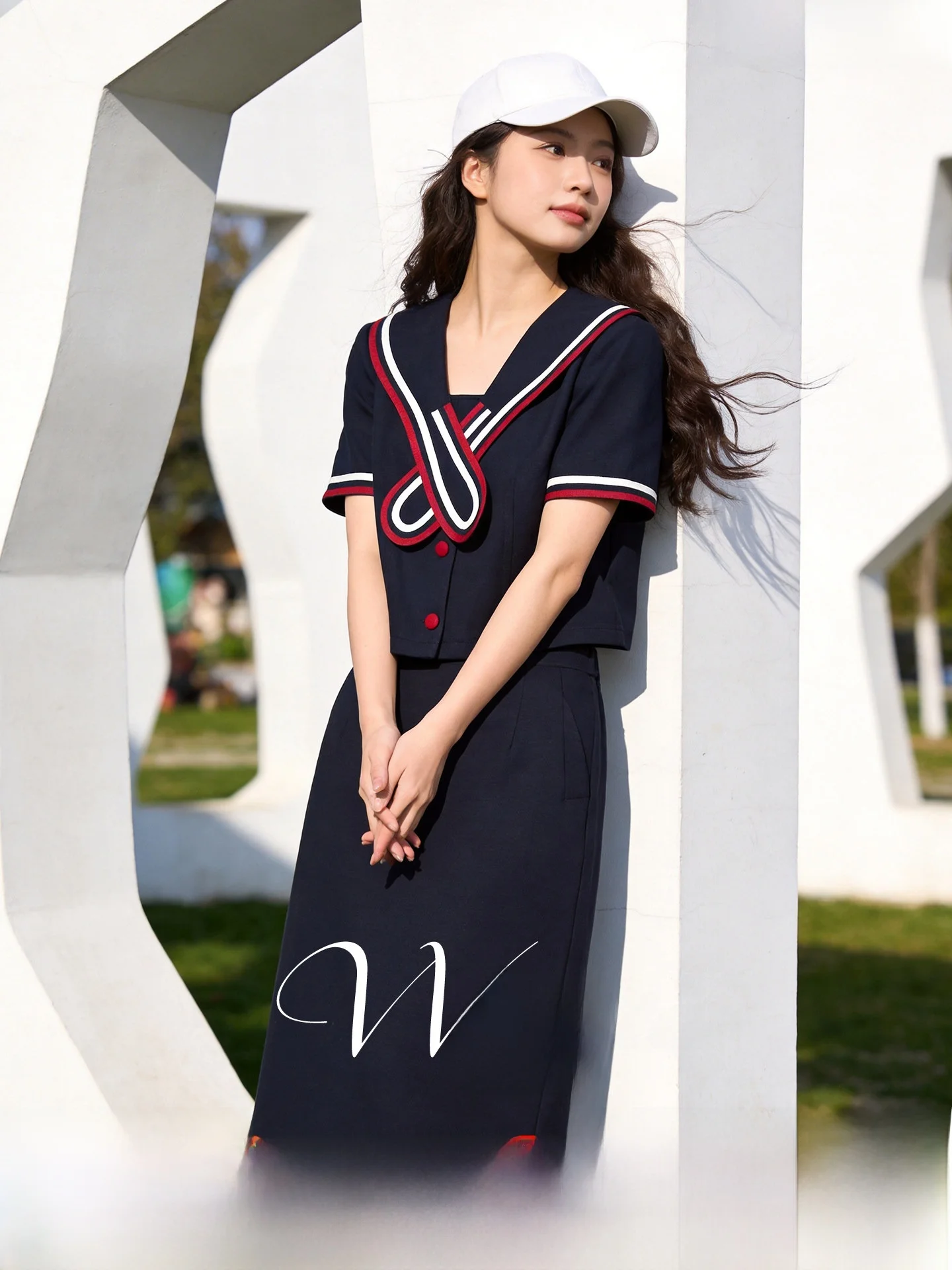 

Wuji Home Women's Fashion Summer 2026 Doll Collar College Style Age-Defying Top Half Skirt Set Casual High Waist A-Line Skirt