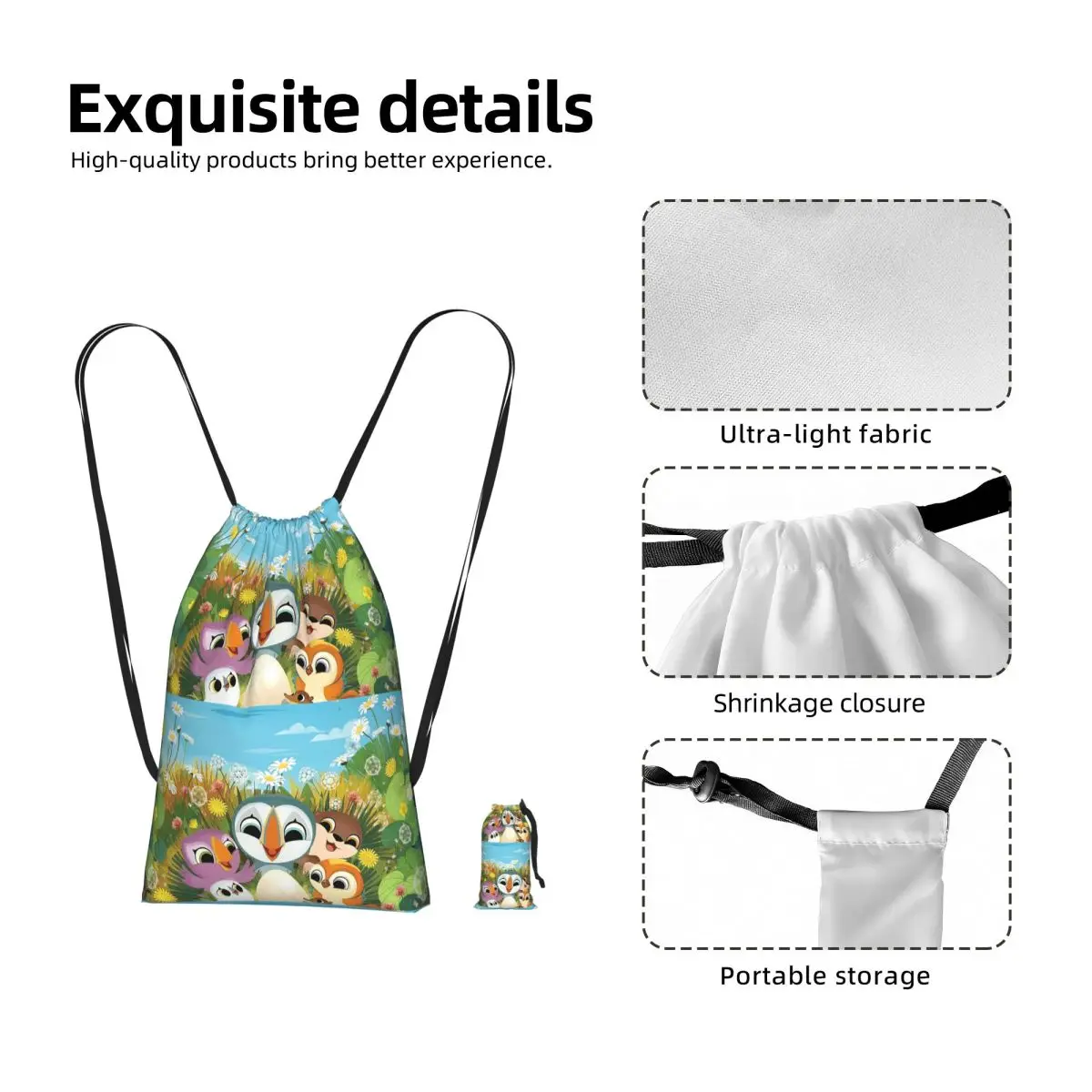 Puffin Rock Cartoon Drawstring Backpack Sports Gym Bag Lightweight Foldable Storage Drawstring Bag for Men Women