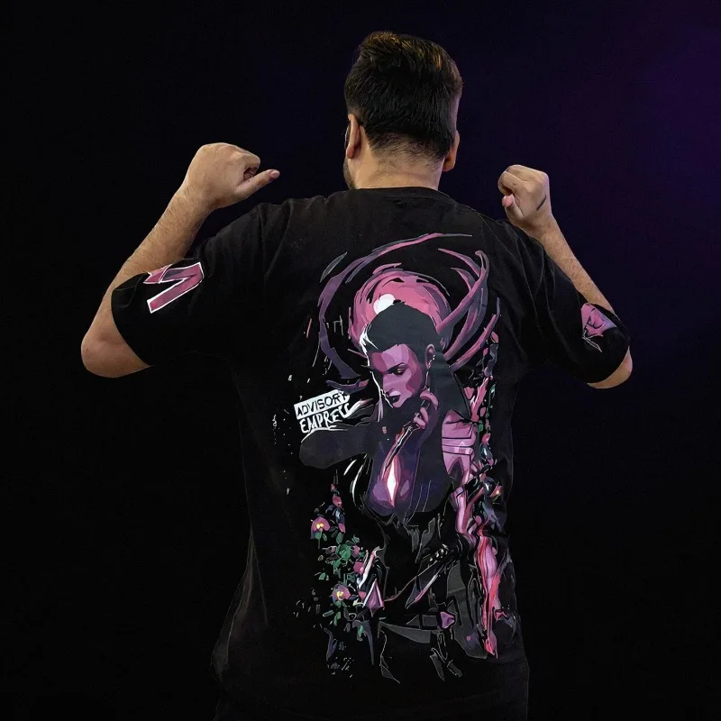 Reyna Gaming T-shirt, Front Gothic Text Print + Sleeve Logo + Big Back Poster Print, Streetwear Tee for Valorant Fans