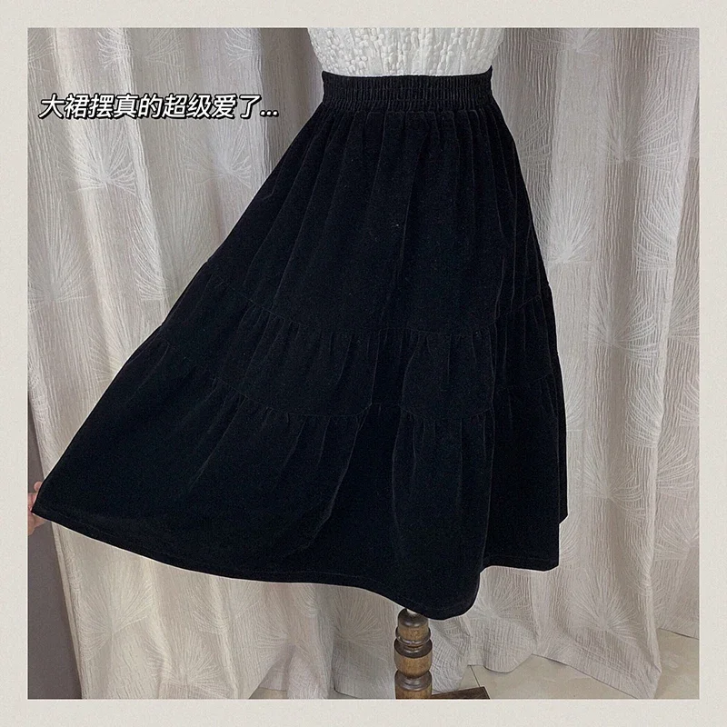 Autumn and Winter Druna Velvet Fluffy Small Black Dress Retro Versatile Medium and Long Skirt Long Skirts for Women