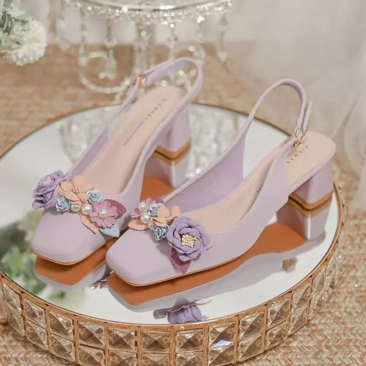 Mary Jane-zapatos de tacón cuadrado para mujer, sandalias gruesas con flores, estilo Retro, 2024