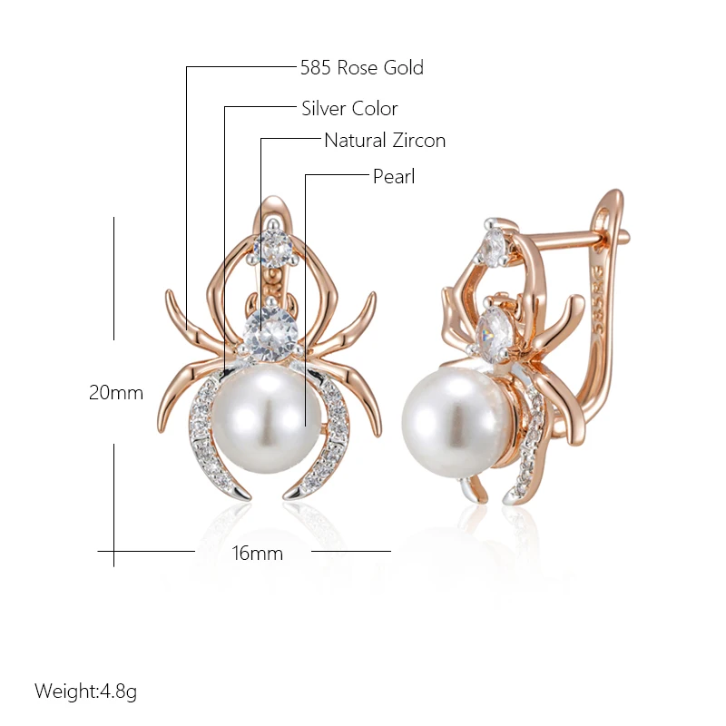 Kinel Hot Punk Spider Pearl English Earrings for Women Fashion 585 Rose Gold Silver Color Mix Party Accessories Retro Jewelry