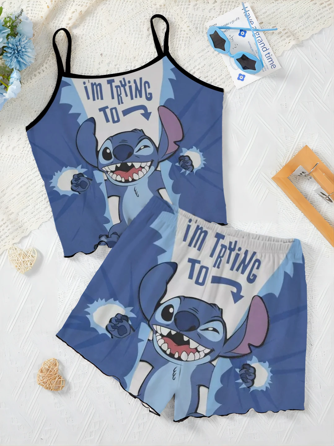 Slip Dress 2 Piece Sets Women Outfit T-shirt Summer Women's Suit Pajama Skirt Lettuce Trim Disney Stitch Top Pieces Short Disney