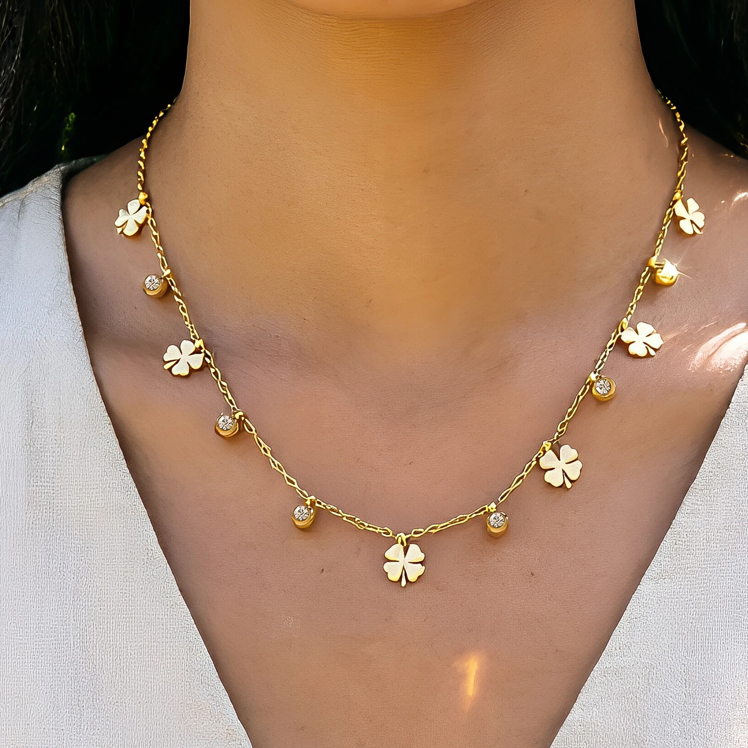18K Gold Plated Four Leaf Clover Clavicle Chain 316 Stainless Steel Shiny Zircon Women Elegant Daily Wear Commute Trendy Jewelry