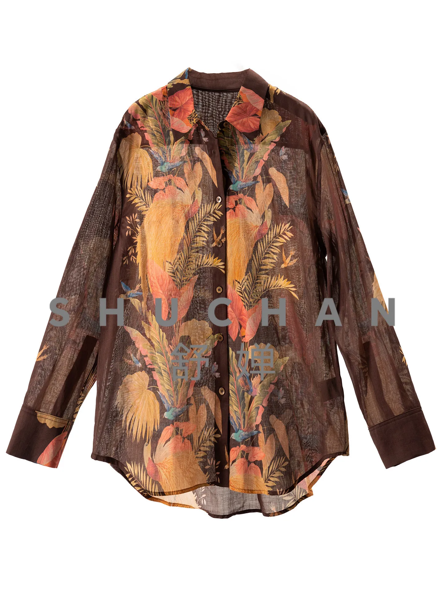 

Print Shirt Finch Dance Palm Light Luxury Printed Cotton + Ramie Arc Pendulum Shirt Women 36J1