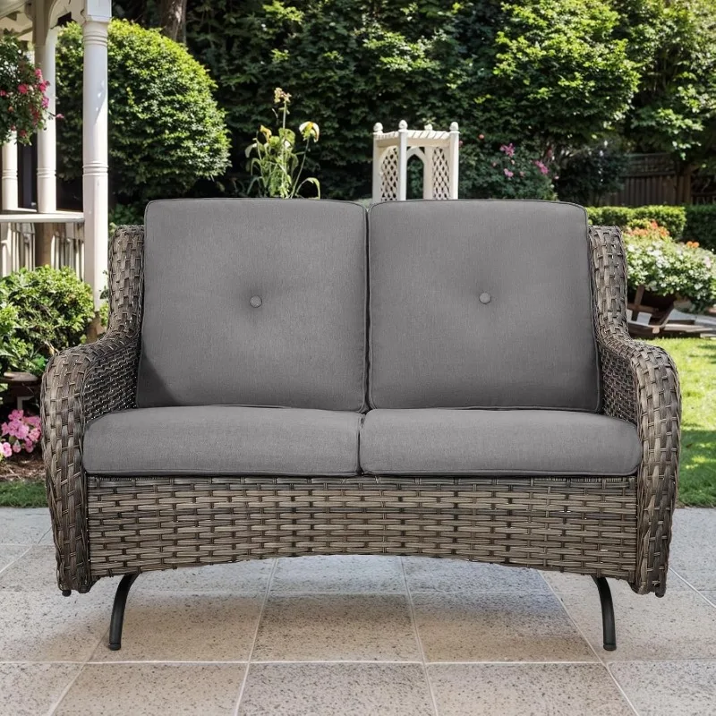 Loveseat Rattan Glider Sofa with Curved Armrest Thicking Back & Seat Cushions for Garden Balcony Backyard Grey Wicker