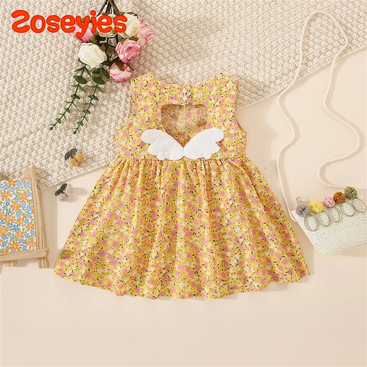 New Summer Baby Kids' Rural Flowers Cut-Out Small Wings Sleeveless Chiffon Girls' Dress