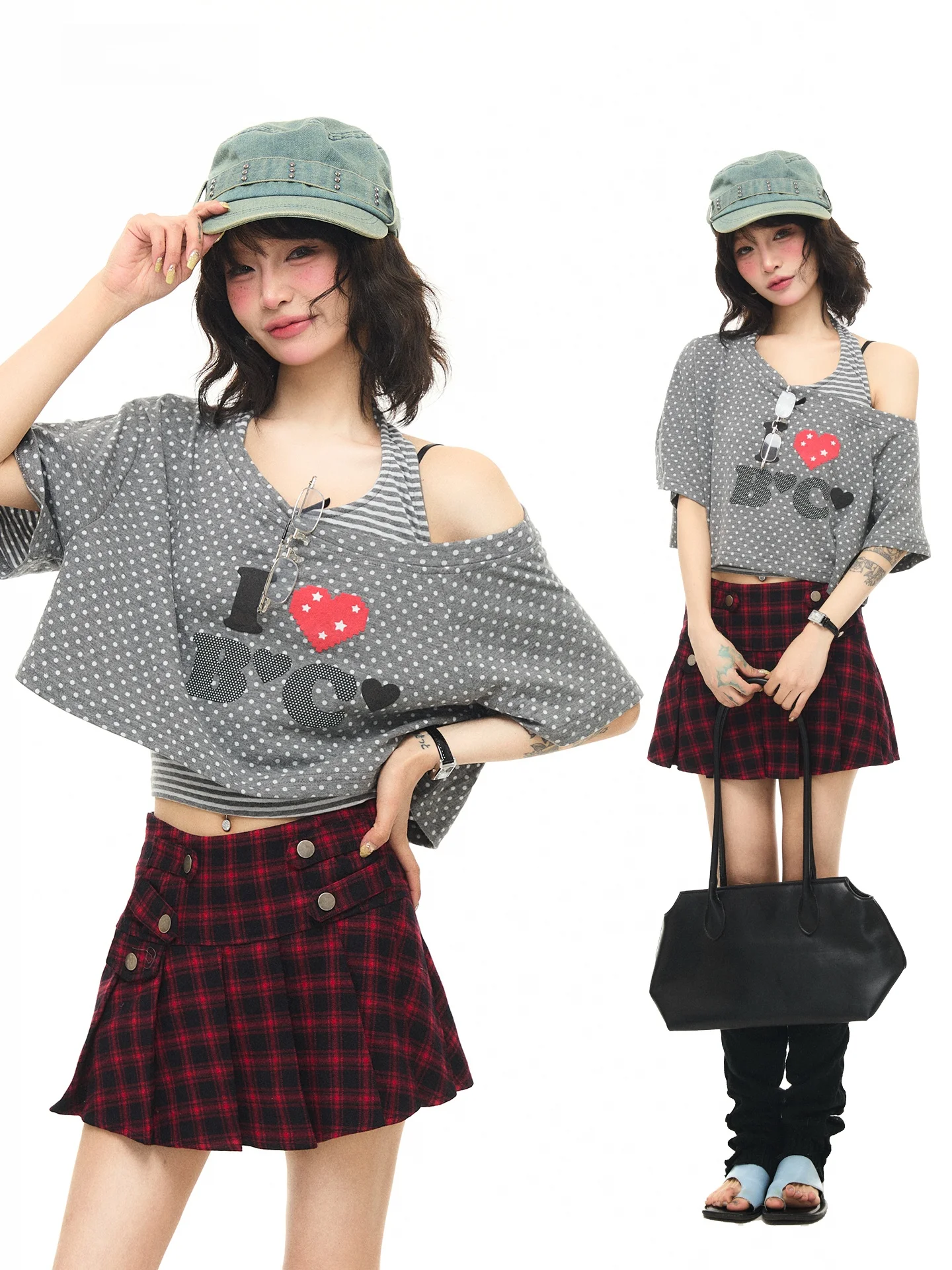 

Женский летний комплект Astrsk в корейском стиле: футболка с открытыми плечами в горошек и коротким рукавом, дышащий, приятный для кожи, для модных девушек