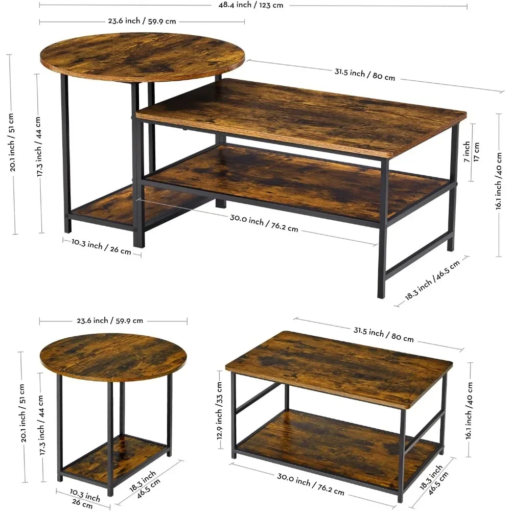 Mesa de centro moderna de mediados de siglo para sala de estar, mesa de centro rústica de granja, 2 en 1 Juego de mesa desmontable, R