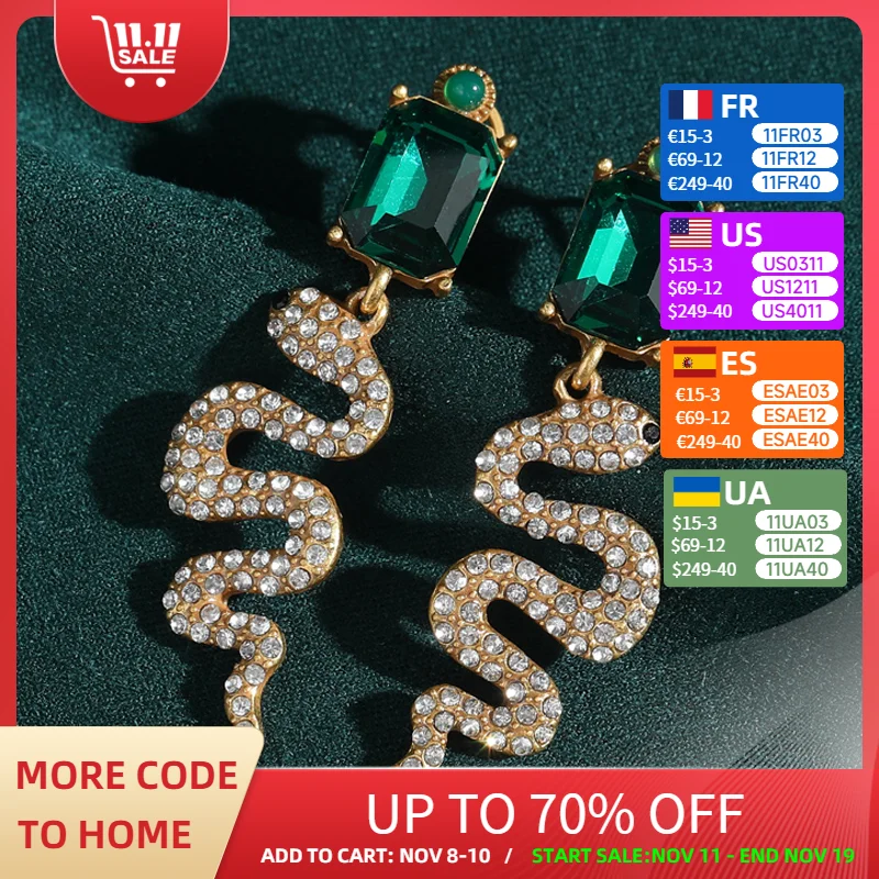 

Vintage Green Crystal Snake Earrings Drop Gold Color Rhinestone For Woman Long Luxury Jewelry Designer Quality Christmas Wedding