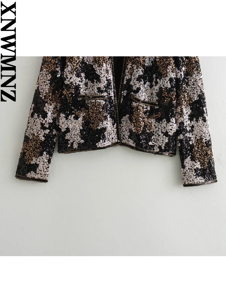 XNWMNZ 2024 Women\'s Fashion Sequin Open Cardigan Women High Street Round Neck Long Sleeve Pocket Versatile Female Coat