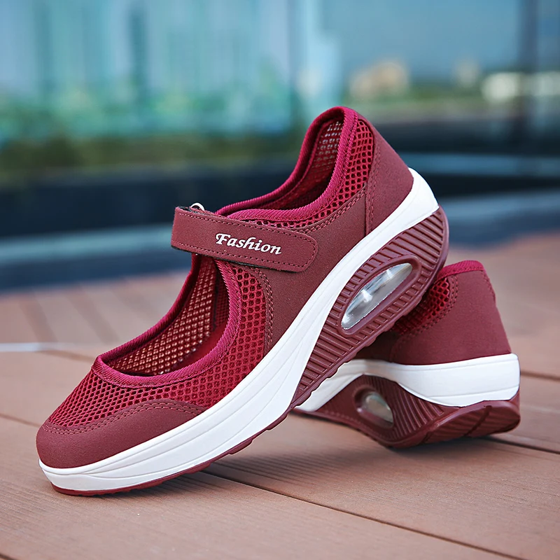 Women Summer Lightweight Sneakers Lady Air Cushion Running Sport Shoes Breathable Quick Dry Velcro Soft Flat Shoes