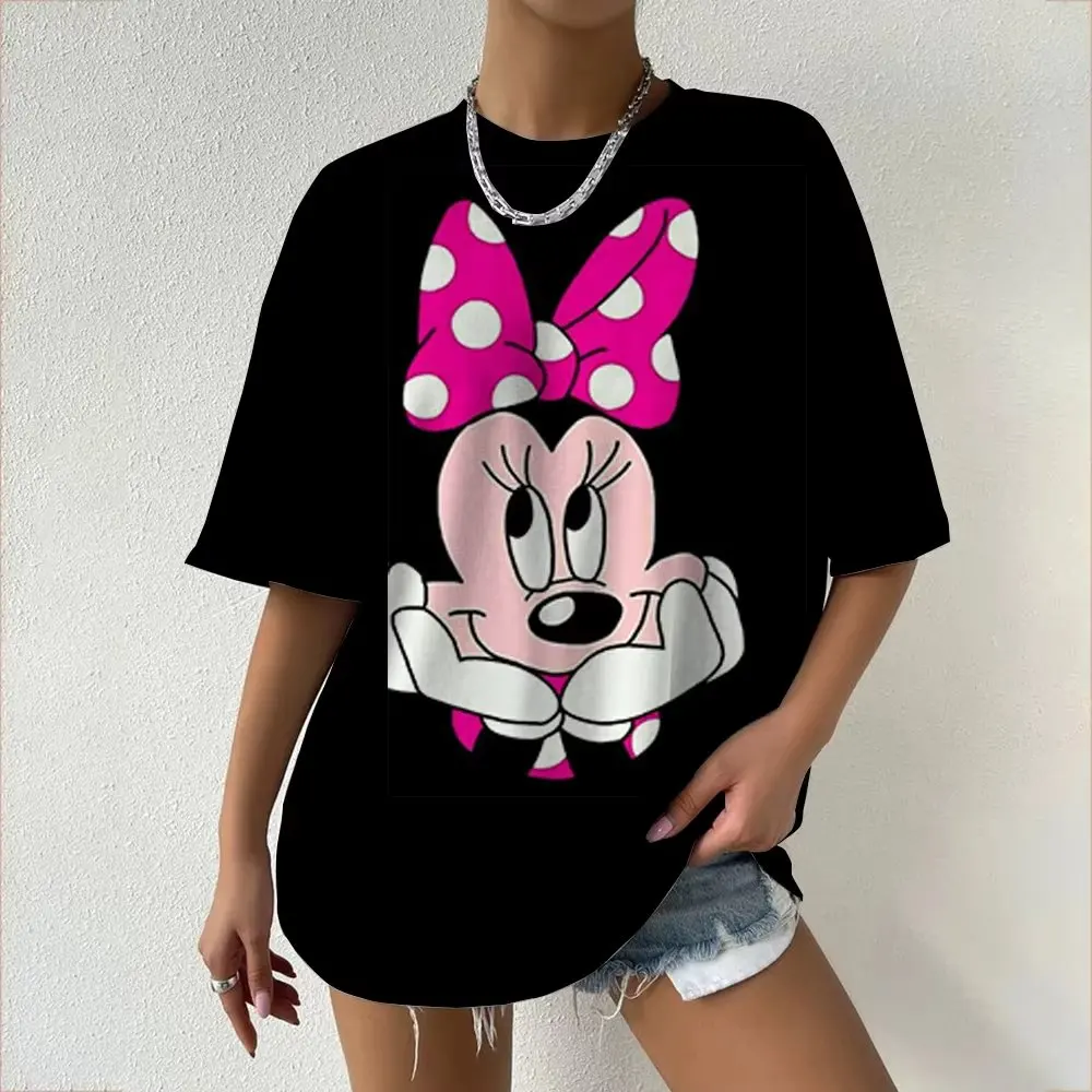 المرأة تي شيرت ديزني ميكي ميني ماوس لطيف الكرتون طباعة الصيف عادية القطن قصير الأكمام المحملة موضة الشارع الشهير Y2k القمم