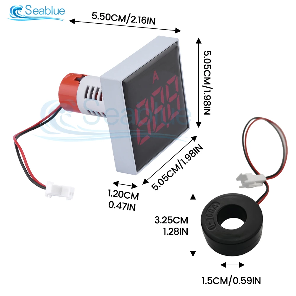 50MM Digital Display Ammeter 0-100A Current Tester Square LED Power Signal Light lndicator Current Meter AC 220V AMP Gauge