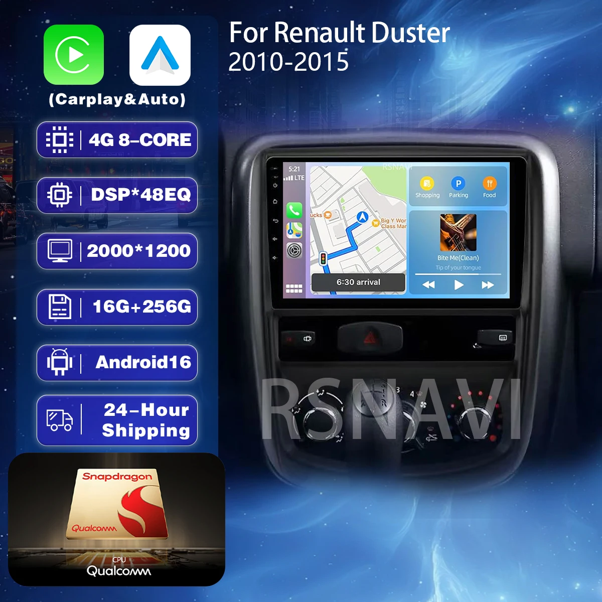 Rádio Automotivo Multimídia com Tela 2K, Android 16, Qualcomm, Carplay e Auto para Renault Duster e Nissan Terrano, com Bluetooth.