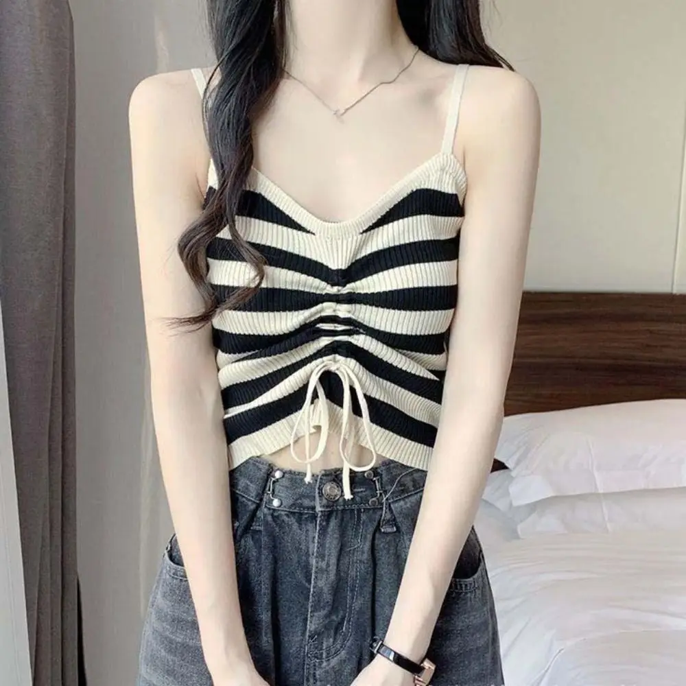 

Ruffle Striped Drawstring Knitted Tank Top V-neck Lace Tied Up Women's Slim Stripe Crop Top Slim Fit Korean Style